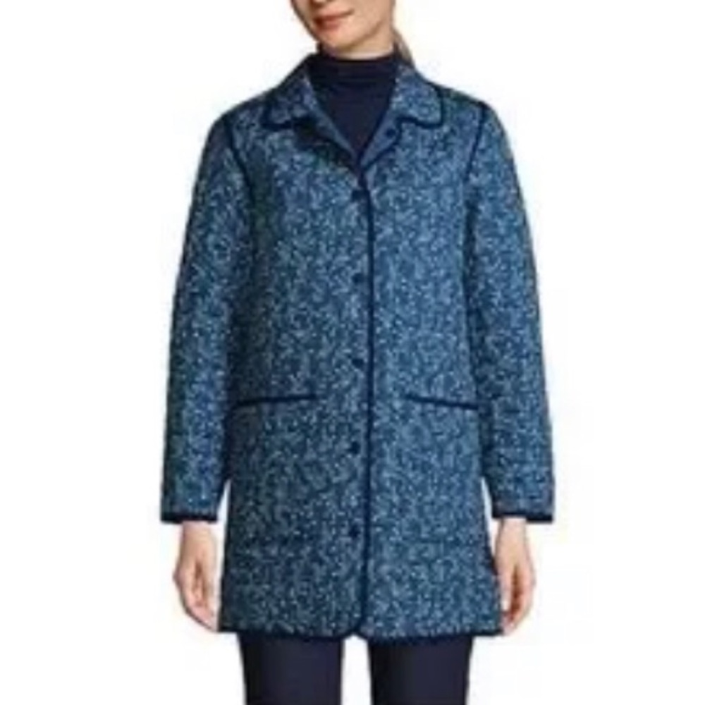 Lands End Women's Sz Large Quilted Reversible Barn Jacket Floral Snap blue EUC